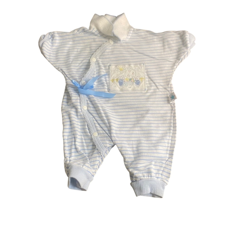 Little Me Romper Vintage Sleeper‎ Kids Blue Striped Bunny Patch SIZE 0-3M